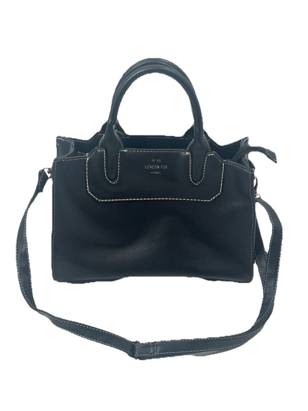 London Fog Black Structured Satchel Contrast Stitch Crossbody Purse Quiet Luxury